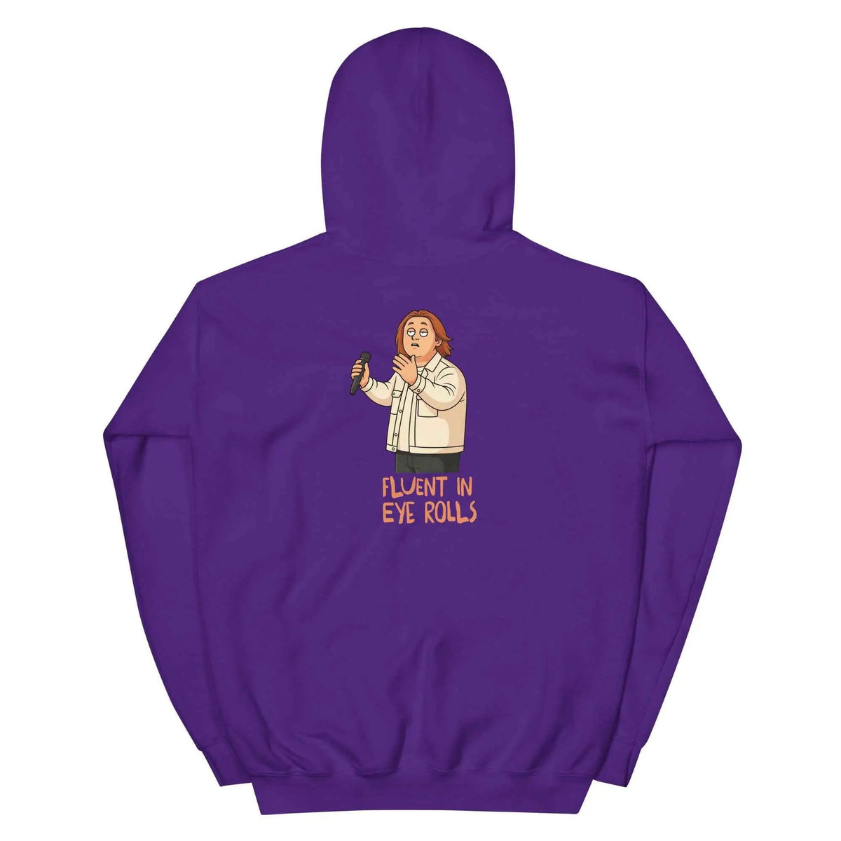Purple pullover hoodie with hood, back graphic of cartoon man and text