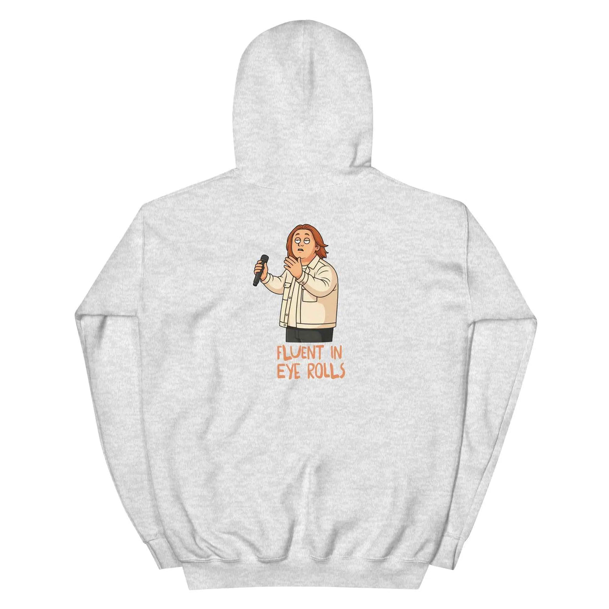 Heather gray pullover hoodie with hood, back graphic of cartoon man and text