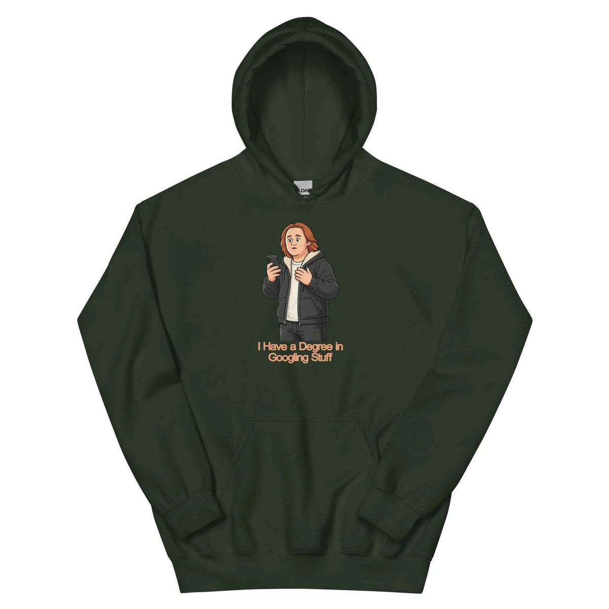 Forest green unisex hoodie with hood and front graphic text design