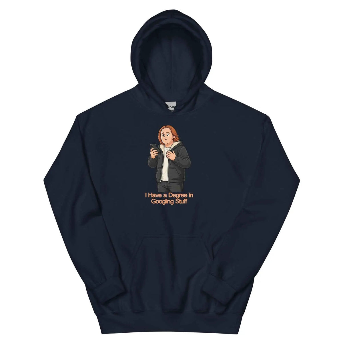 Navy unisex hoodie with hood and front graphic text design