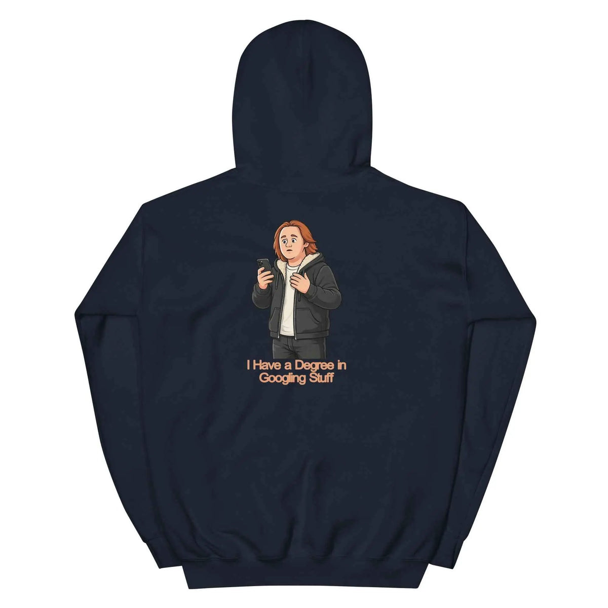 Navy unisex hoodie with hood and back graphic text design