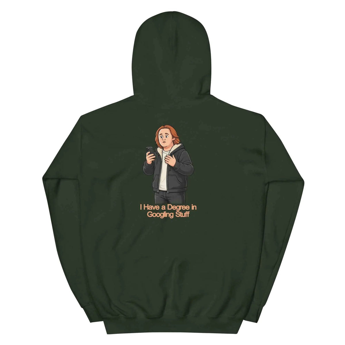 Forest green unisex hoodie with hood and back graphic text design