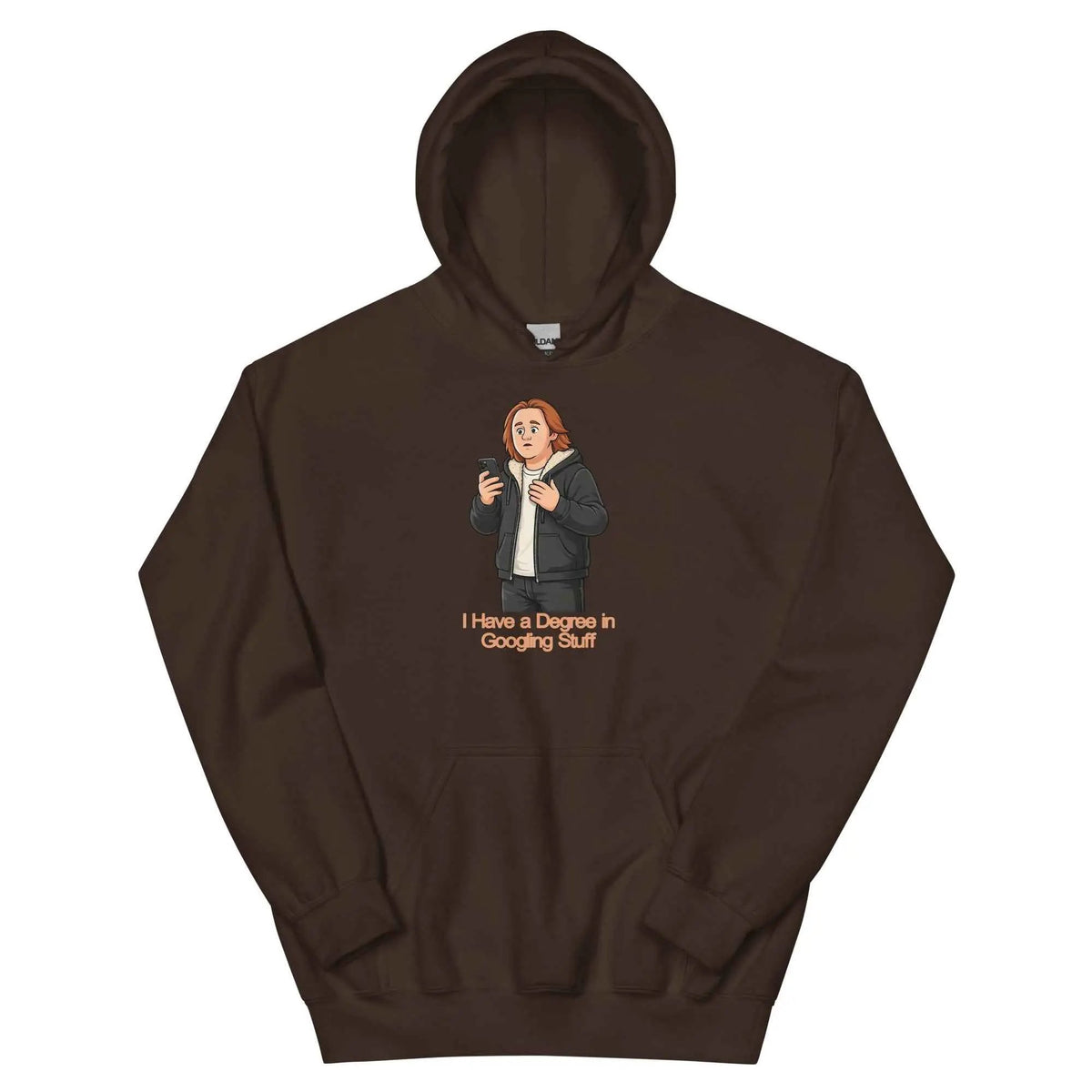 Dark chocolate unisex hoodie with hood and front graphic text design