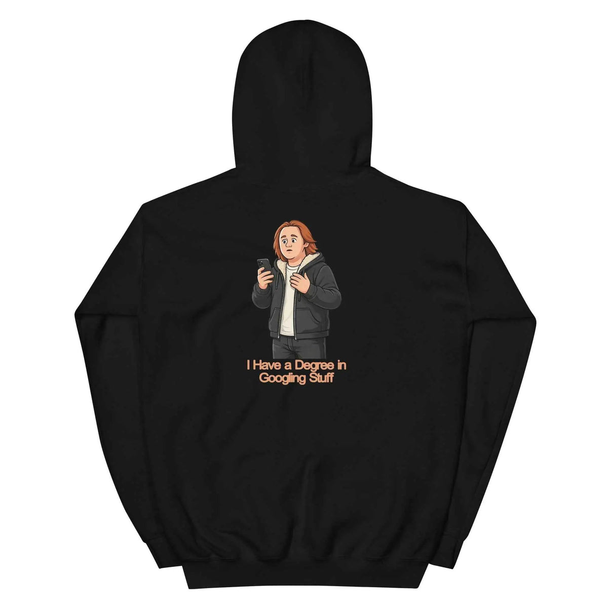 Black unisex hoodie with hood and back graphic text design