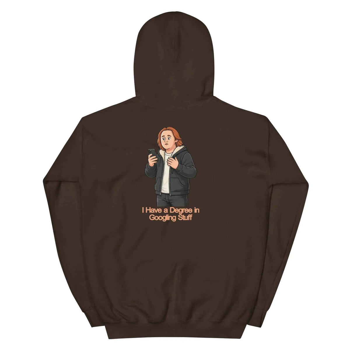 Dark chocolate unisex hoodie with hood and back graphic text design