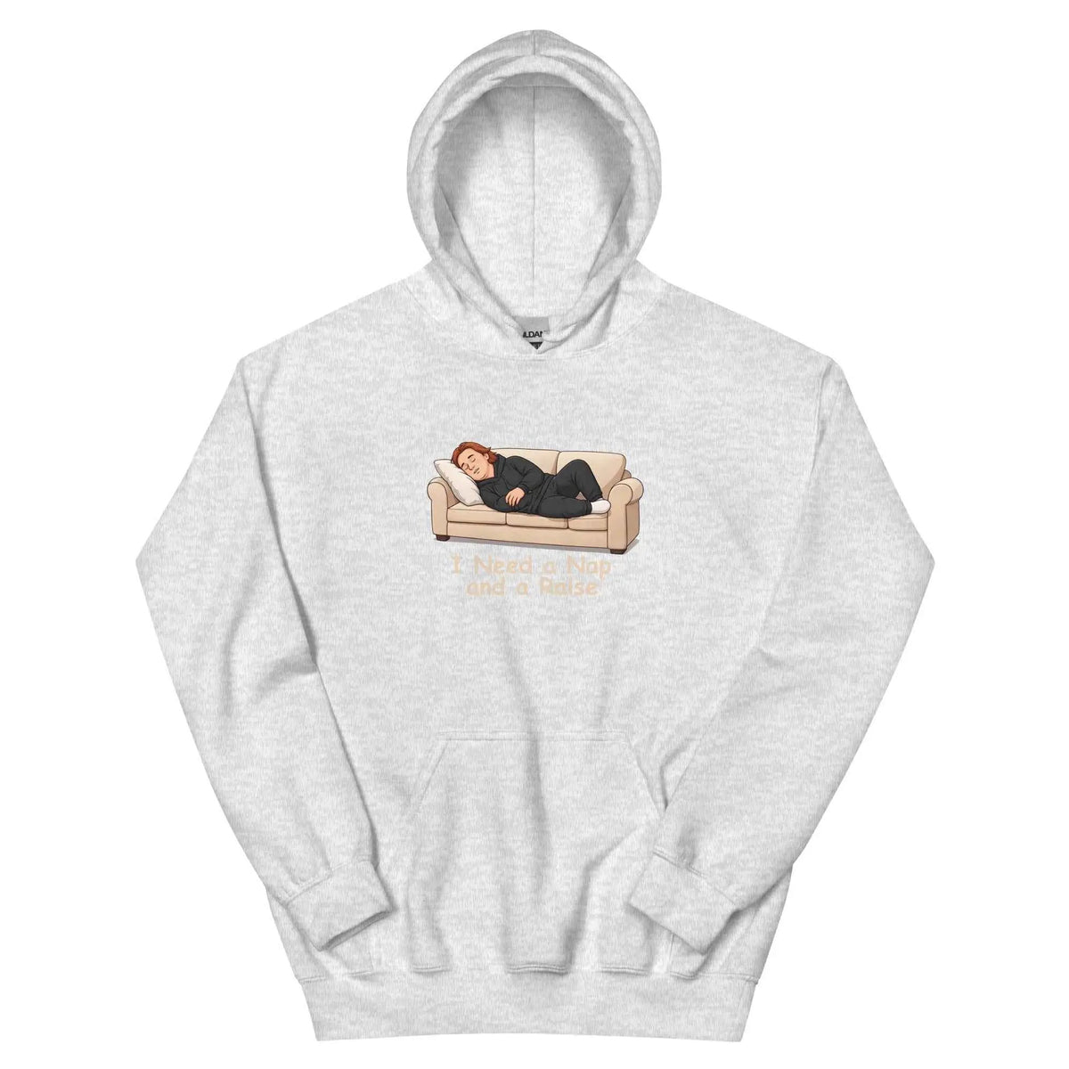Heather gray pullover hoodie with front cartoon graphic and text "I Need a Nap and a Raise"