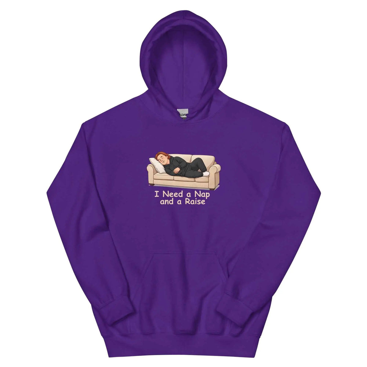 Purple pullover hoodie with front cartoon graphic and text "I Need a Nap and a Raise"