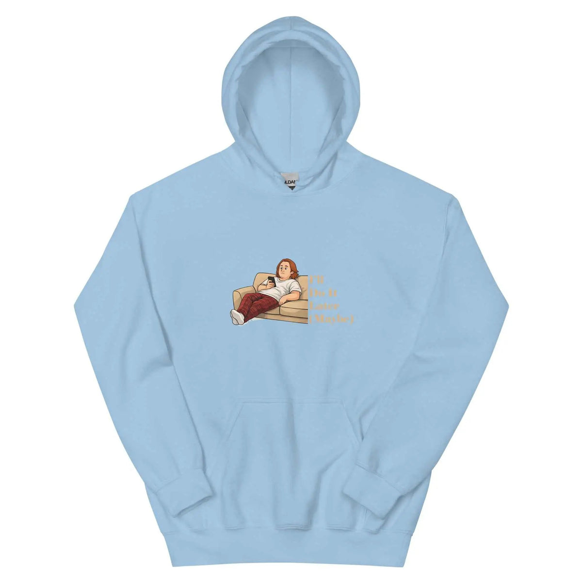 Light blue unisex hoodie with front hood and illustrated quote graphic