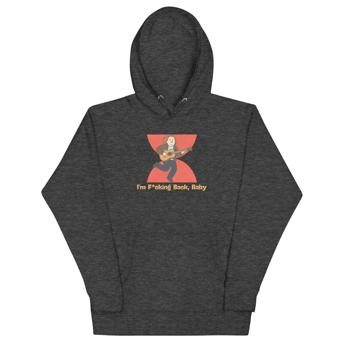 Dark gray unisex pullover hoodie with hood and back cartoon graphic