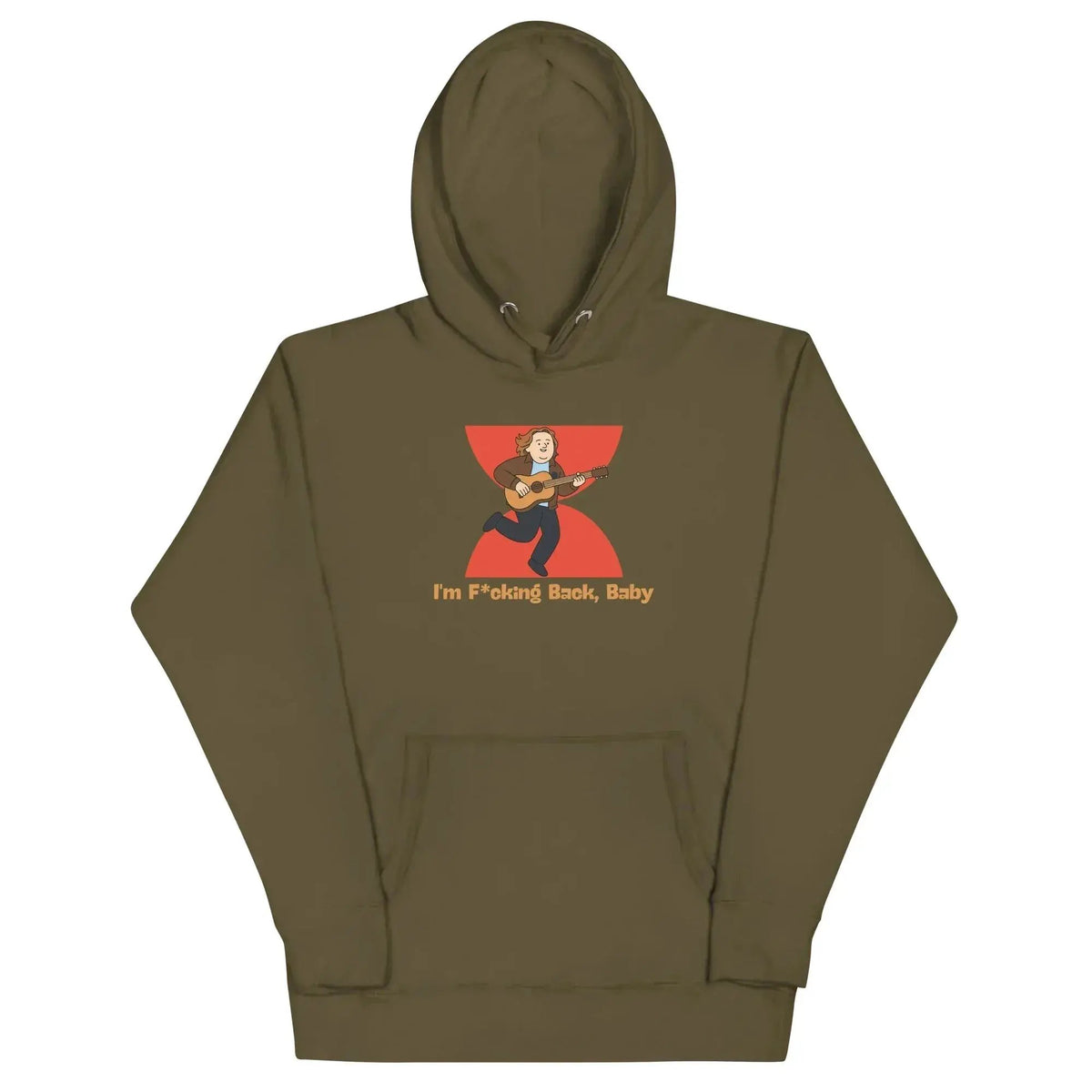 Olive green unisex pullover hoodie with hood and back cartoon graphic