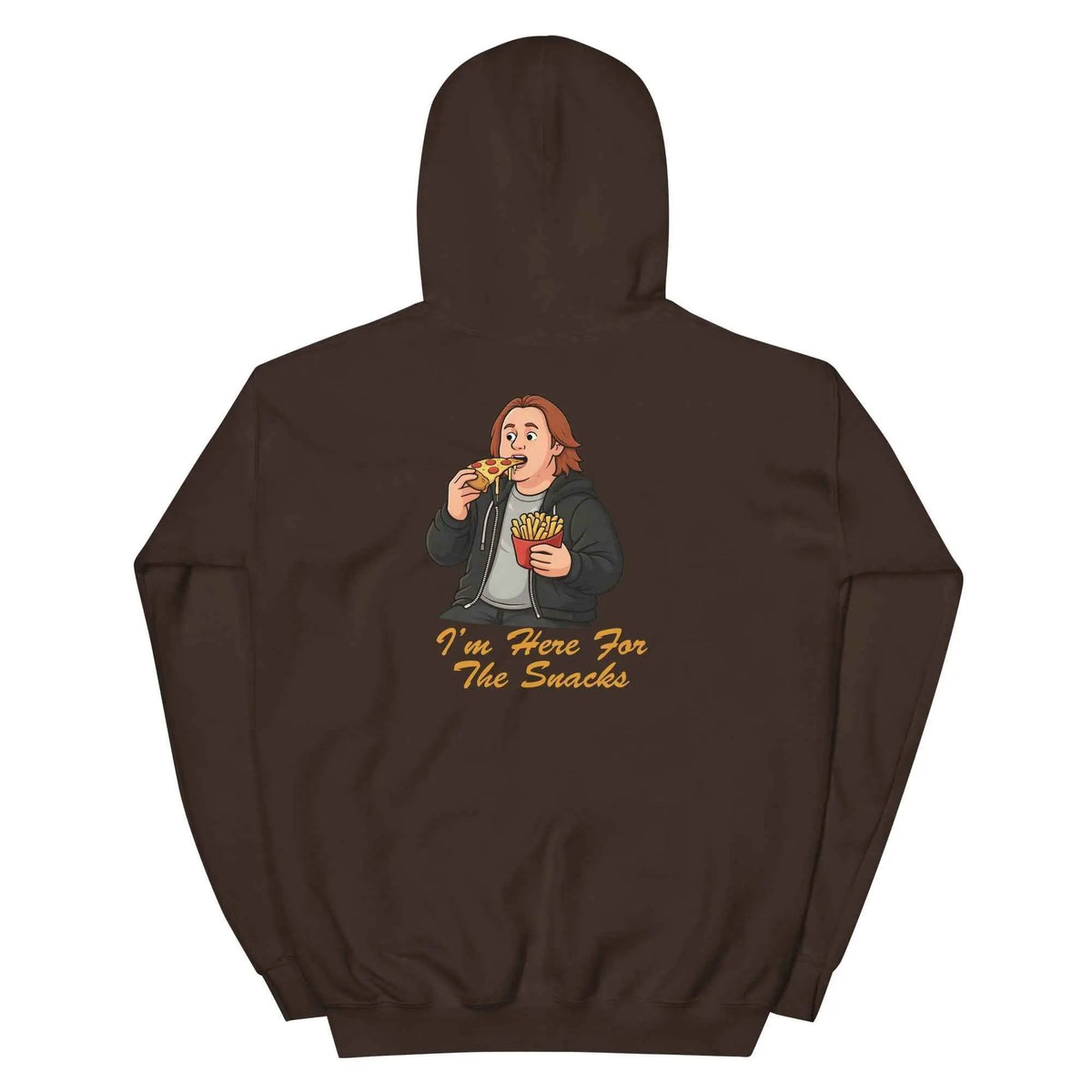 Unisex pullover hoodie in dark brown with back graphic and kangaroo pocket