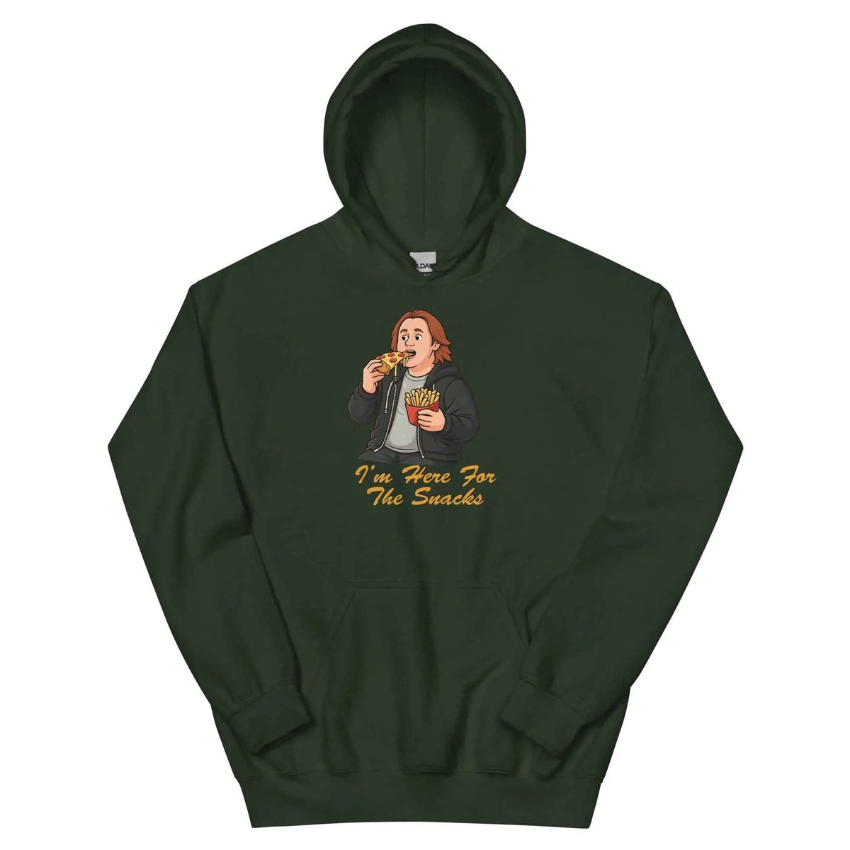Unisex pullover hoodie in forest green with front graphic and kangaroo pocket