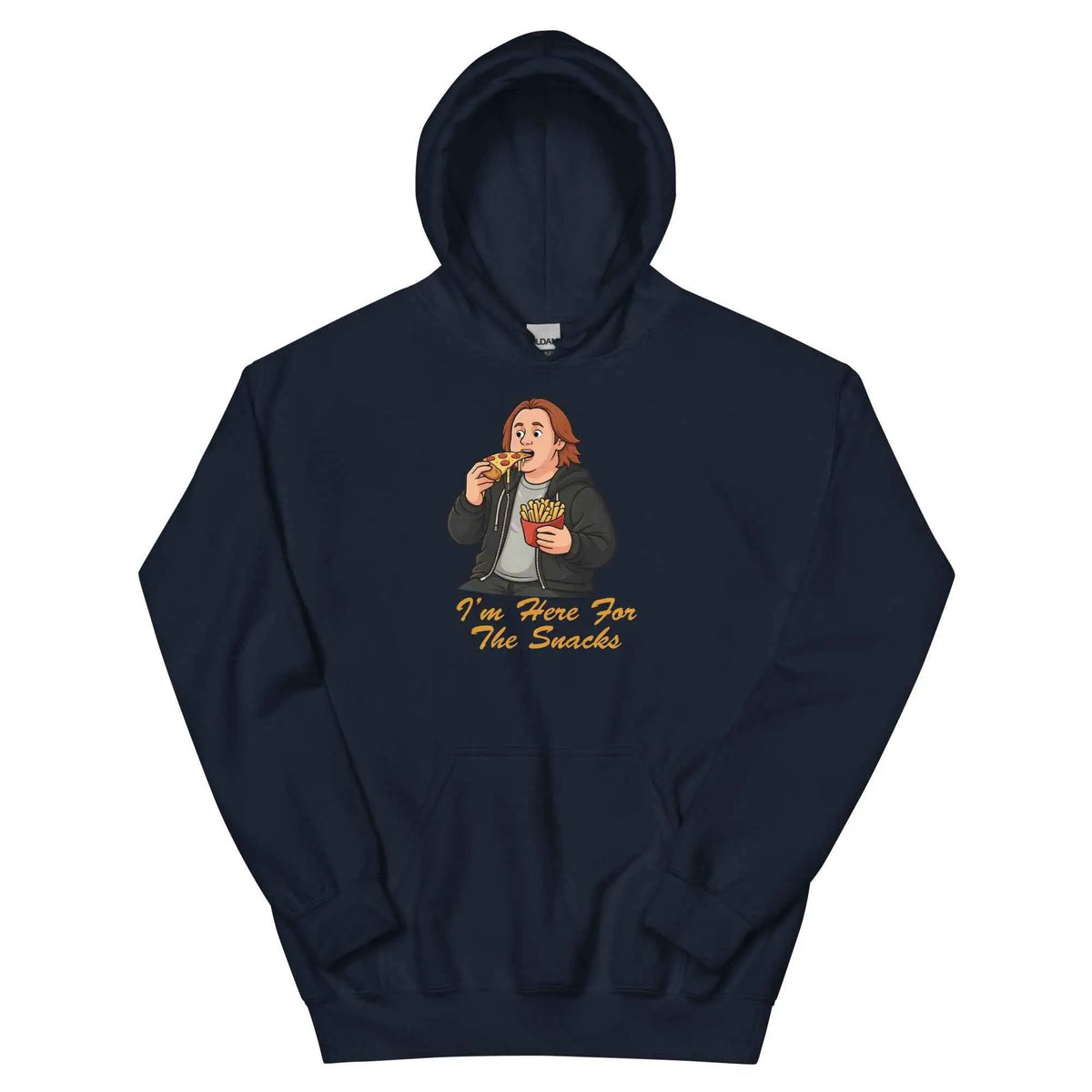 Unisex pullover hoodie in navy with front graphic and kangaroo pocket