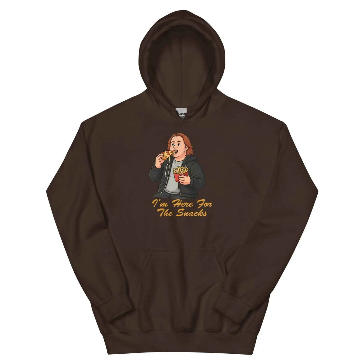 Unisex pullover hoodie in dark brown with front graphic and kangaroo pocket