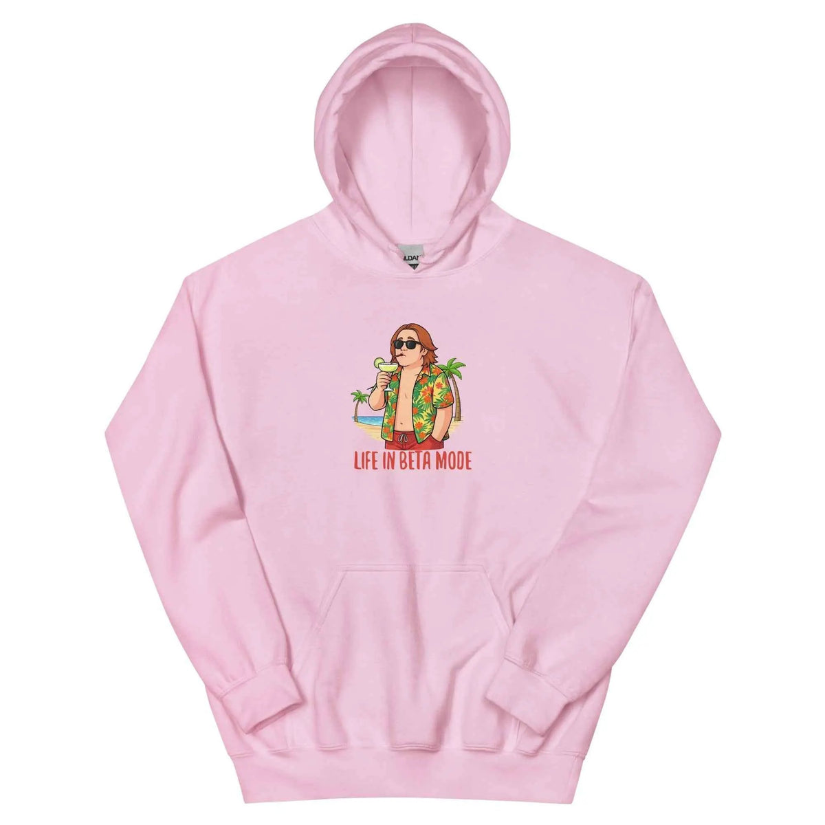 Light pink graphic pullover hoodie with hood and kangaroo pocket, front character print