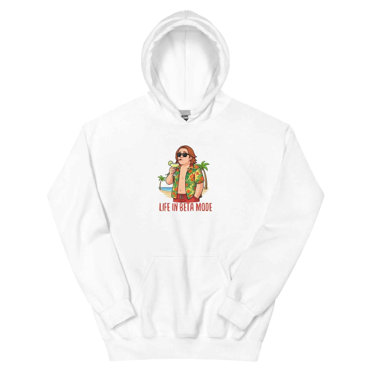 White graphic pullover hoodie with hood and kangaroo pocket, front character logo print