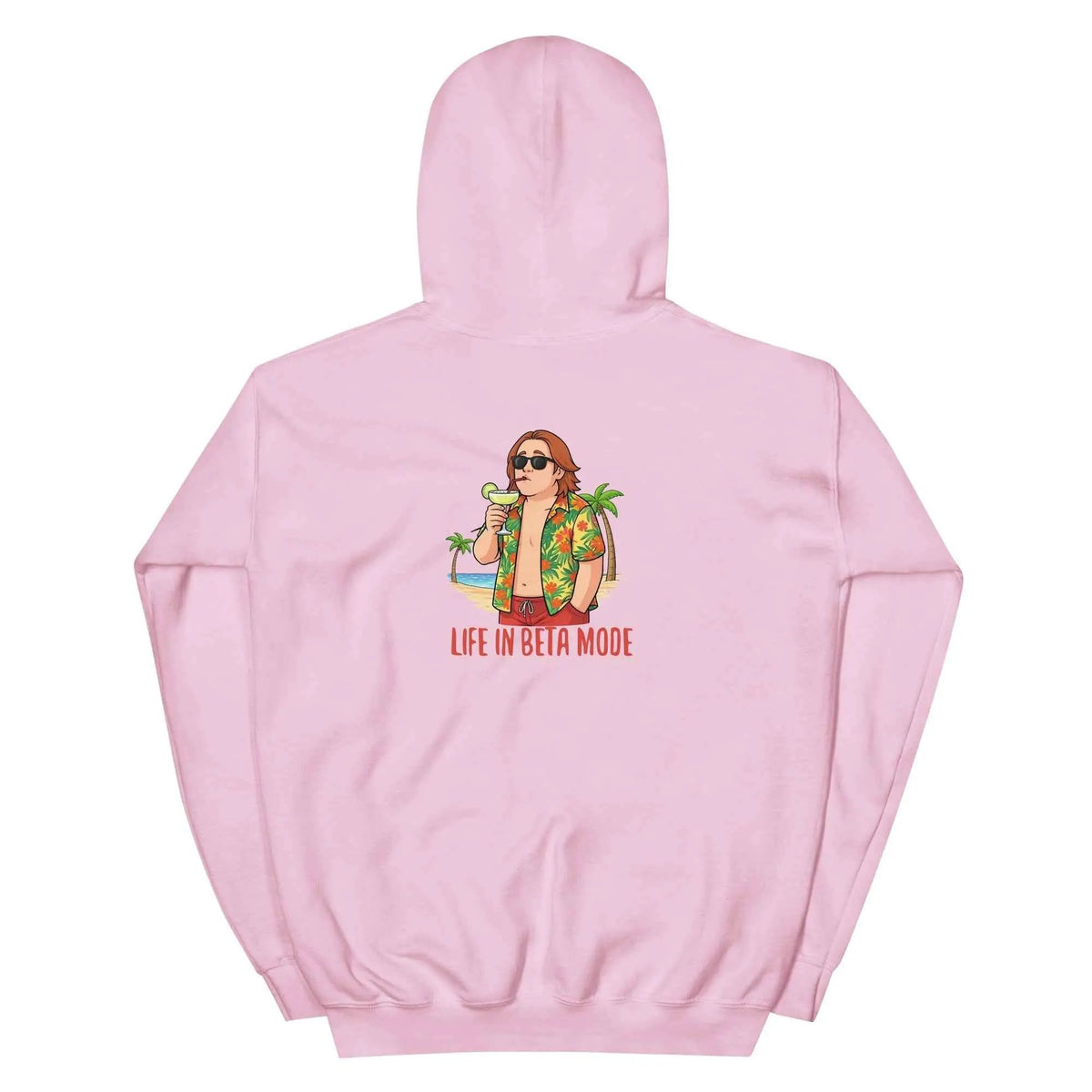 Light pink graphic pullover hoodie with back character print, hood and kangaroo pocket