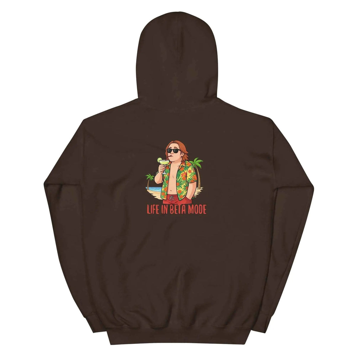 Dark brown graphic pullover hoodie with back 'Life in Beta Mode' print, hood.