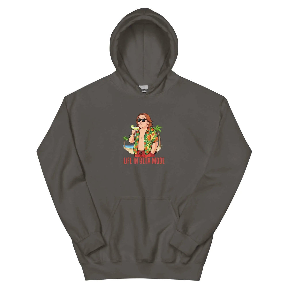 Charcoal graphic pullover hoodie with hood and kangaroo pocket, front character print