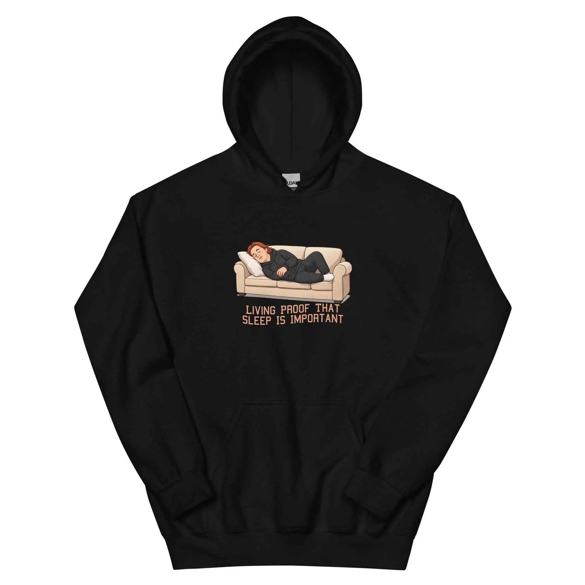 Black pullover hoodie with front graphic of sleeping man and text 'Living proof that sleep is important'
