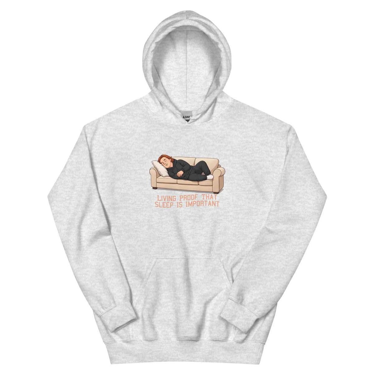 Gray pullover hoodie with front graphic of person sleeping on couch