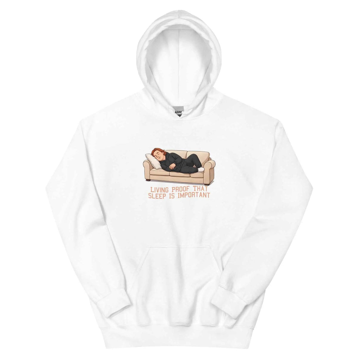 White pullover hoodie with front graphic of person sleeping on couch
