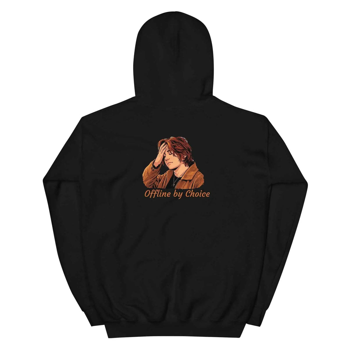 Black unisex hoodie, back view, with hood, kangaroo pocket, and “Offline by Choice” graphic.