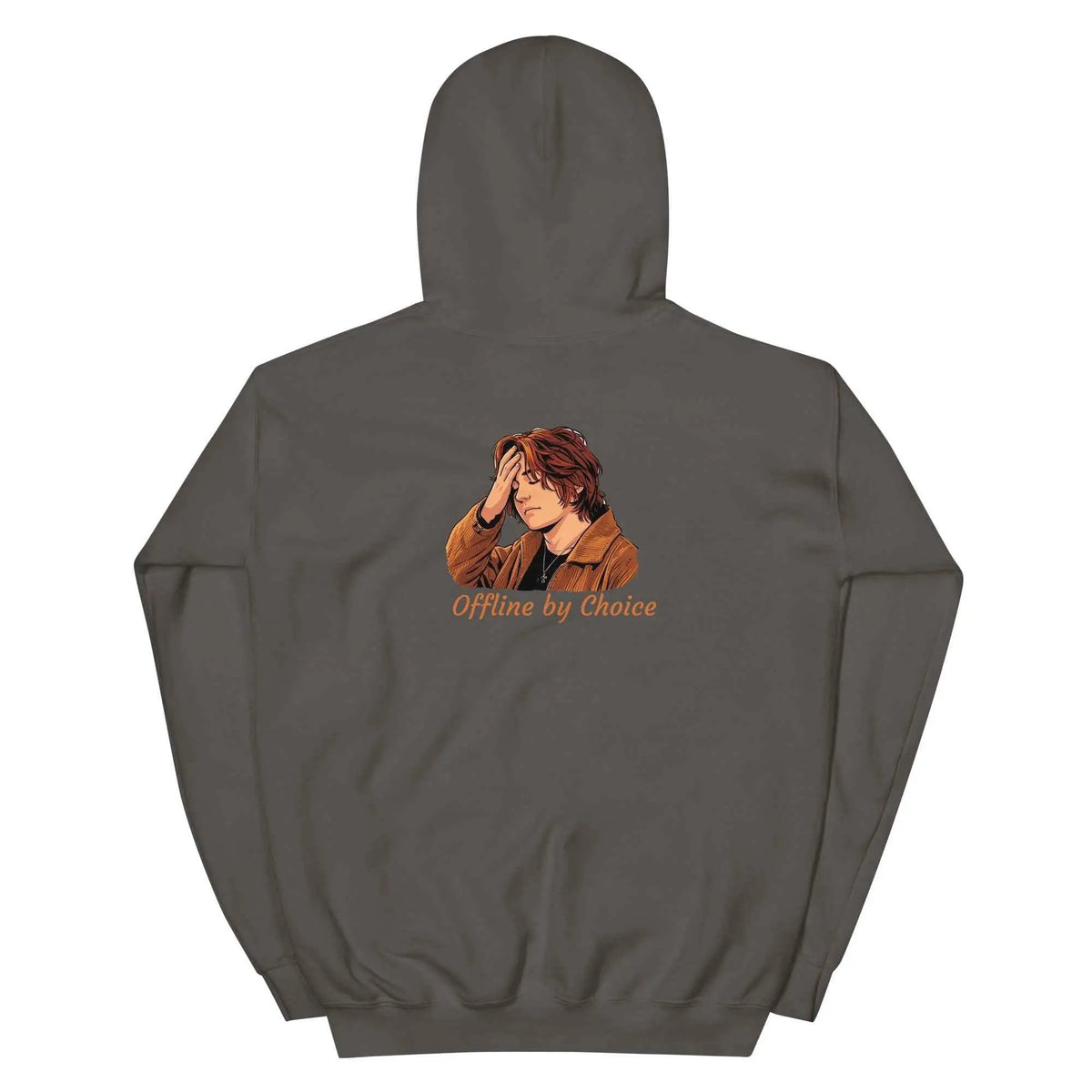 Charcoal unisex hoodie with back graphic and orange “Offline by Choice” text