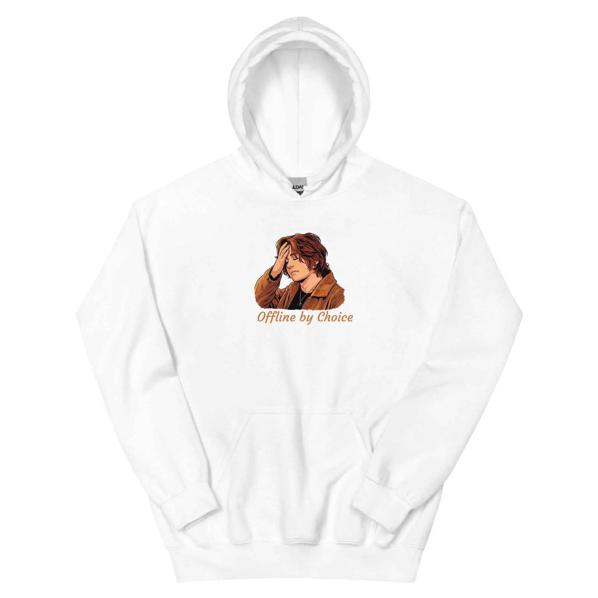 White unisex hoodie with front graphic and orange “Offline by Choice” text