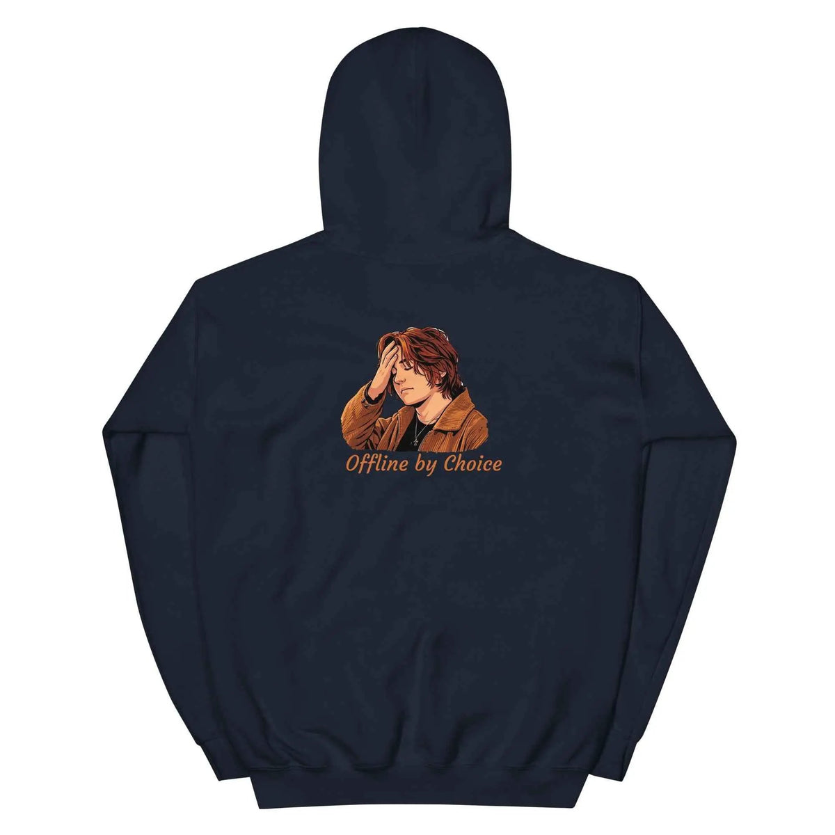 Navy unisex hoodie, back view, with hood, kangaroo pocket, and “Offline by Choice” graphic.