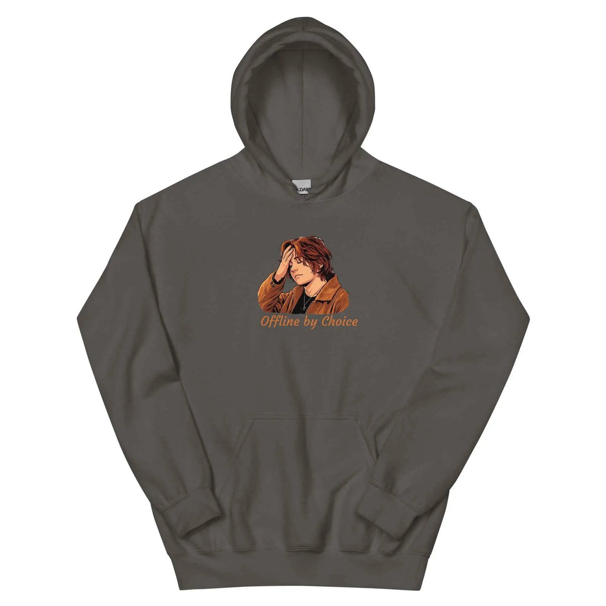 Charcoal unisex hoodie with front graphic and orange “Offline by Choice” text