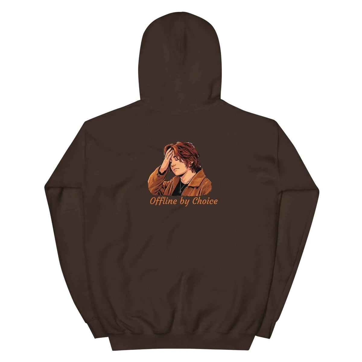 Dark chocolate unisex hoodie, back view, with hood, kangaroo pocket, and “Offline by Choice” graphic.
