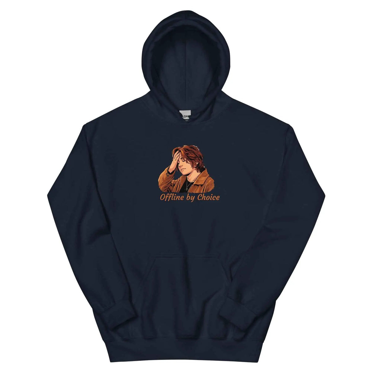 Navy unisex hoodie with hood, kangaroo pocket, and “Offline by Choice” graphic.
