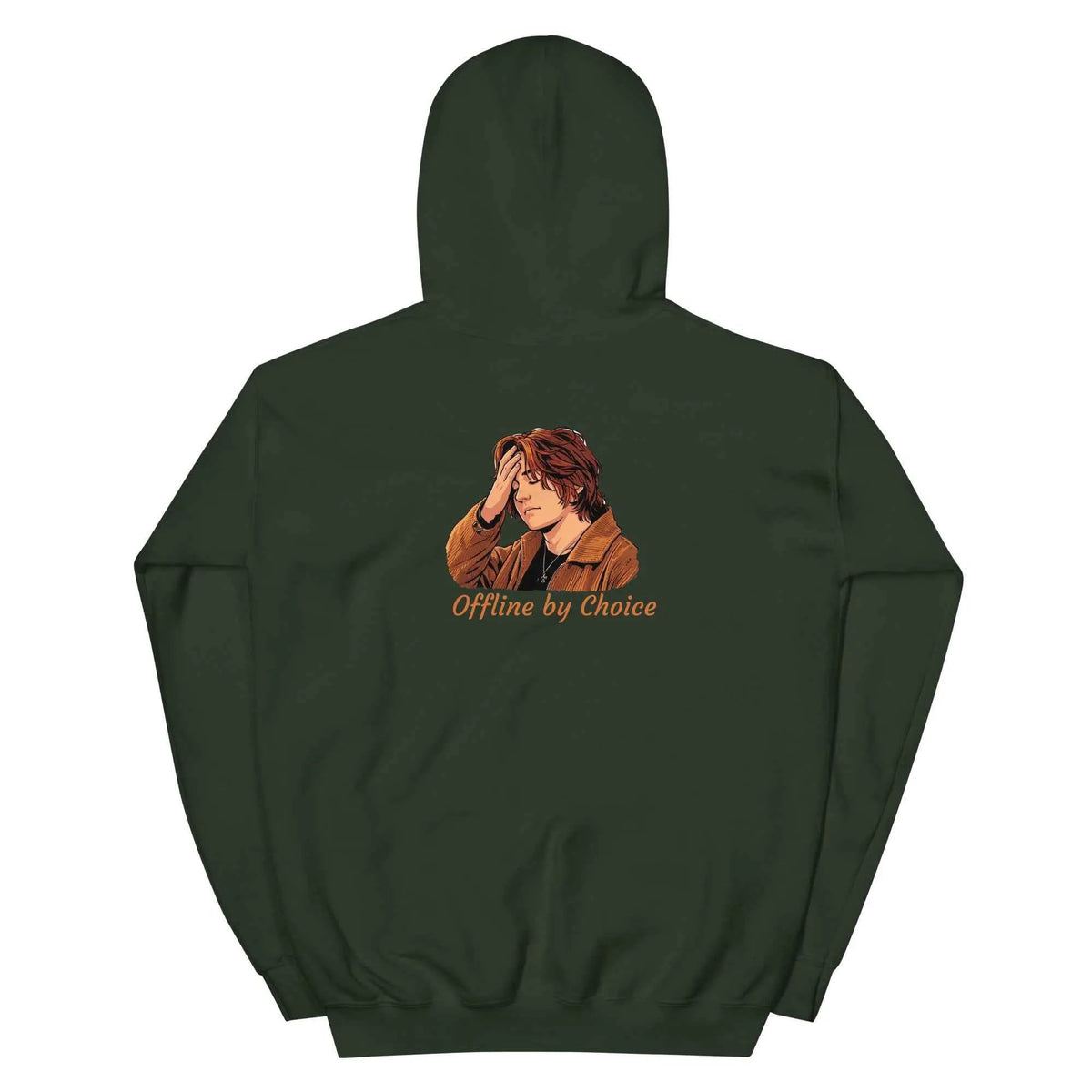 Forest green unisex hoodie, back view, with hood, kangaroo pocket, and “Offline by Choice” graphic.