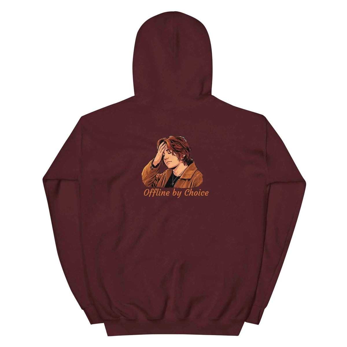 Maroon unisex hoodie, back view, with hood, kangaroo pocket, and “Offline by Choice” graphic.