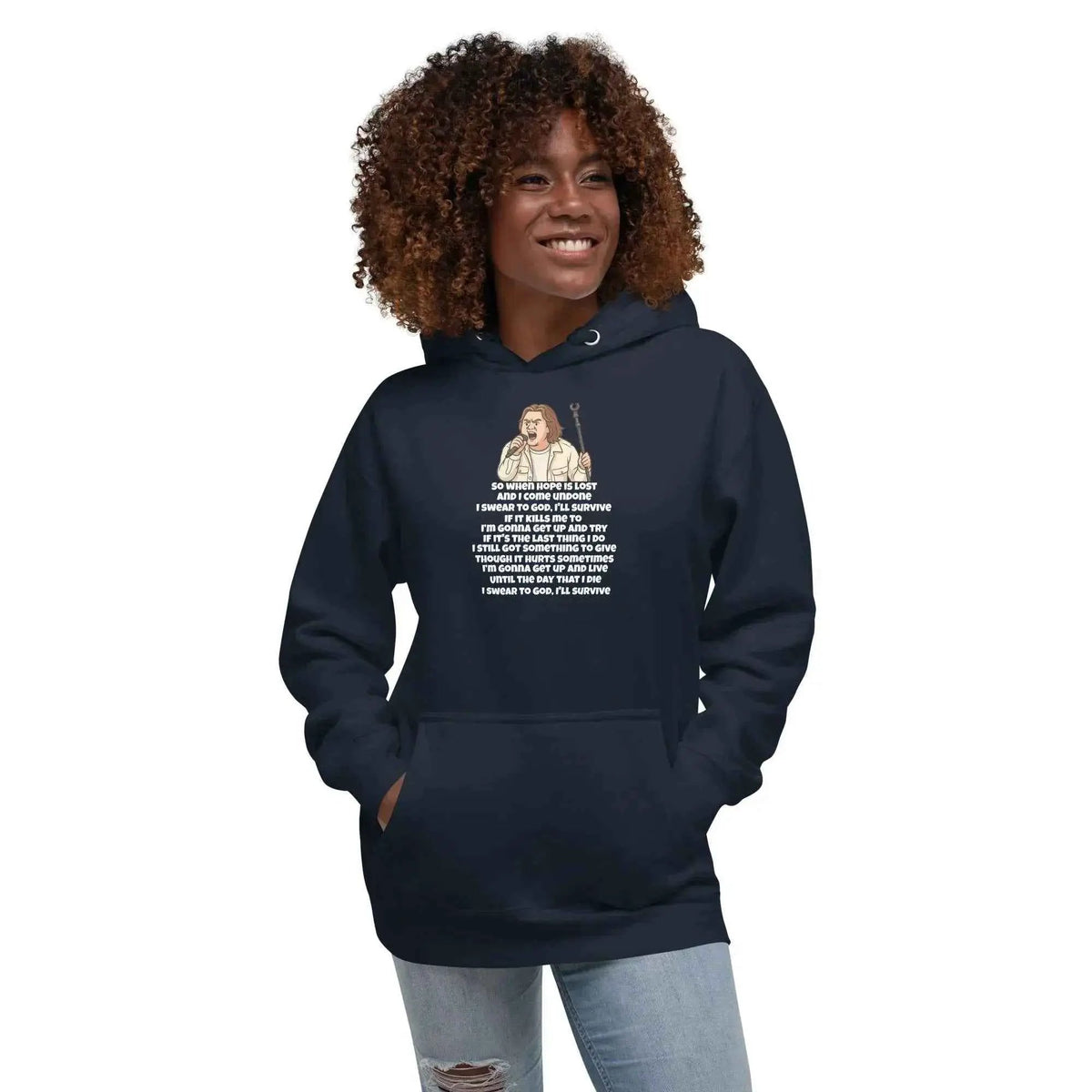 Navy unisex hoodie with hood, front pocket, and song-lyrics graphic on chest