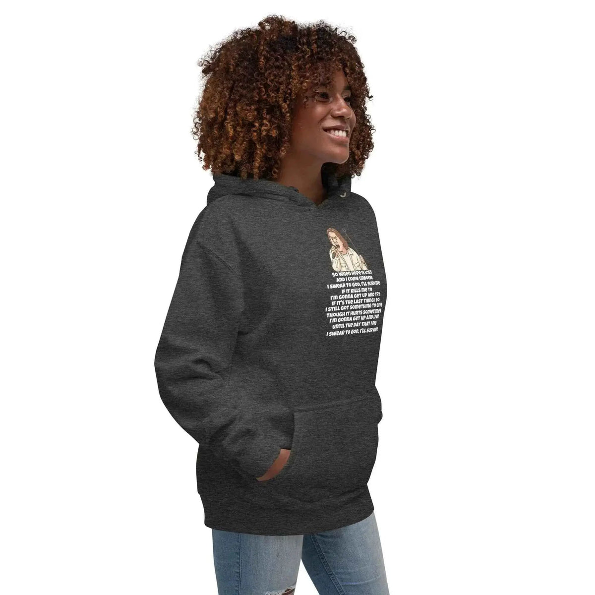 Dark gray unisex hoodie with hood and front pocket, back lyrics graphic detail