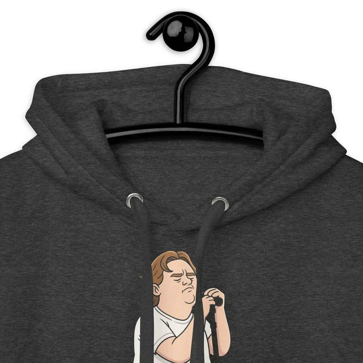 Charcoal gray hoodie close-up: drawstring hood and kangaroo pocket; chest lyrics art