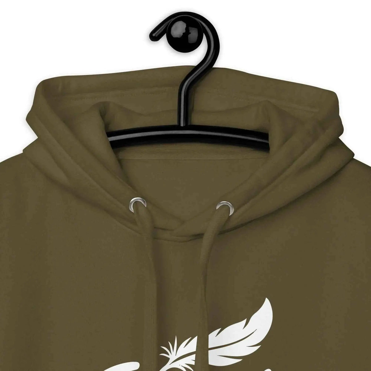 Olive hoodie close-up of drawstring hood and white chest logo graphic