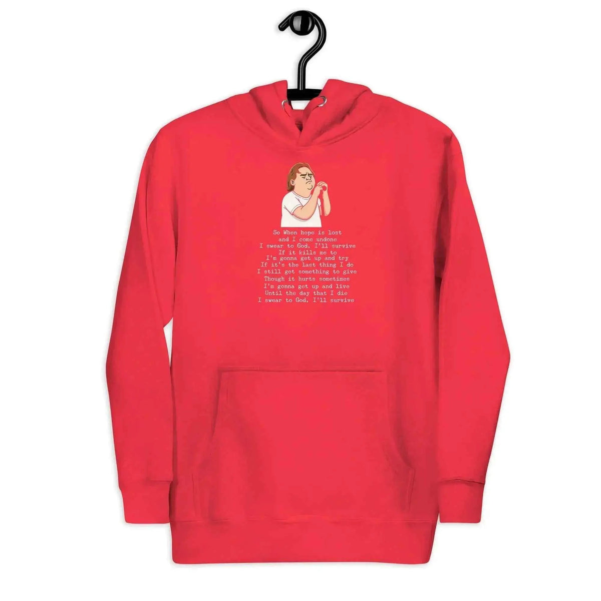 Red pullover hoodie with kangaroo pocket, drawstring hood, and printed lyric graphic