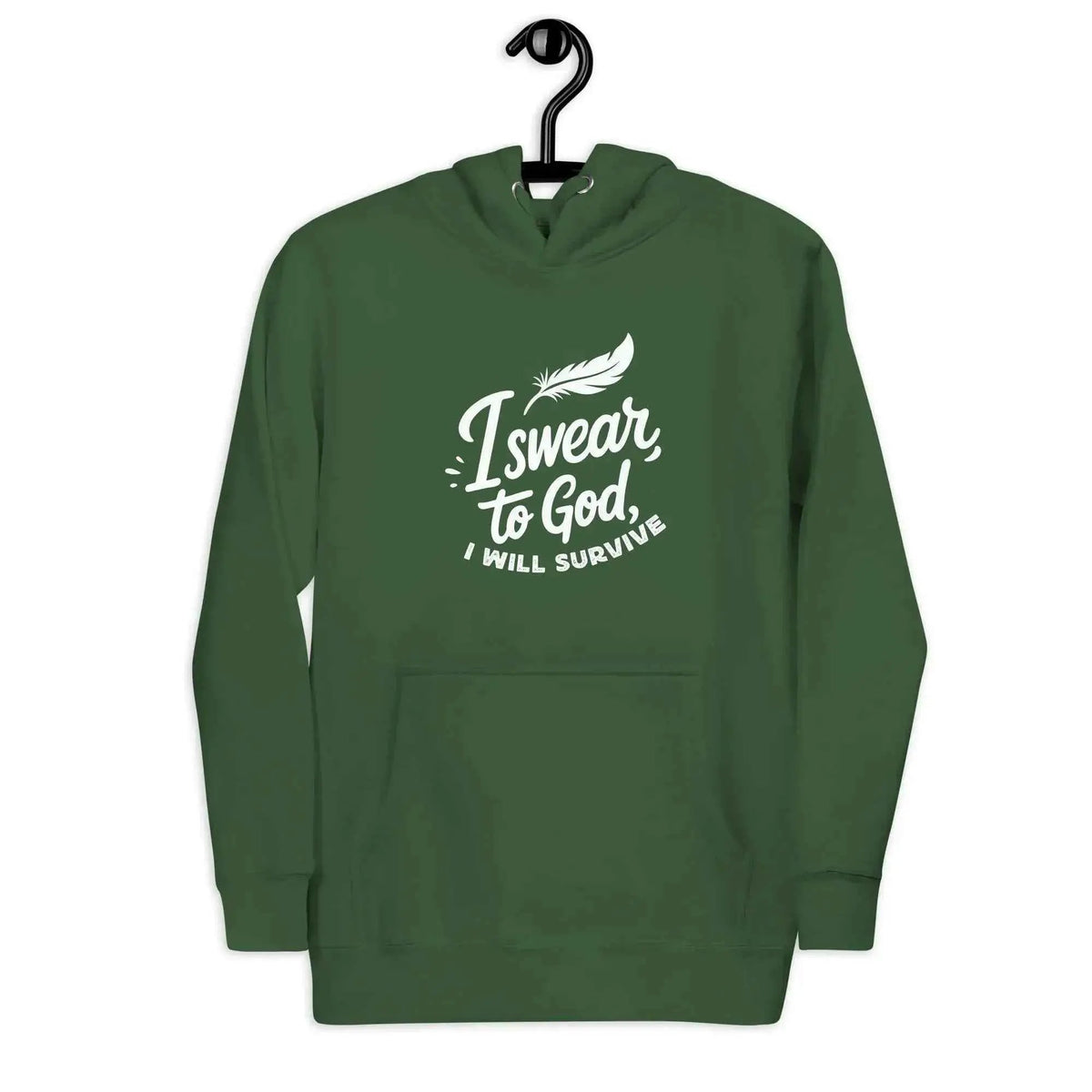 Unisex pullover hoodie in dark green with white chest graphic and kangaroo pocket