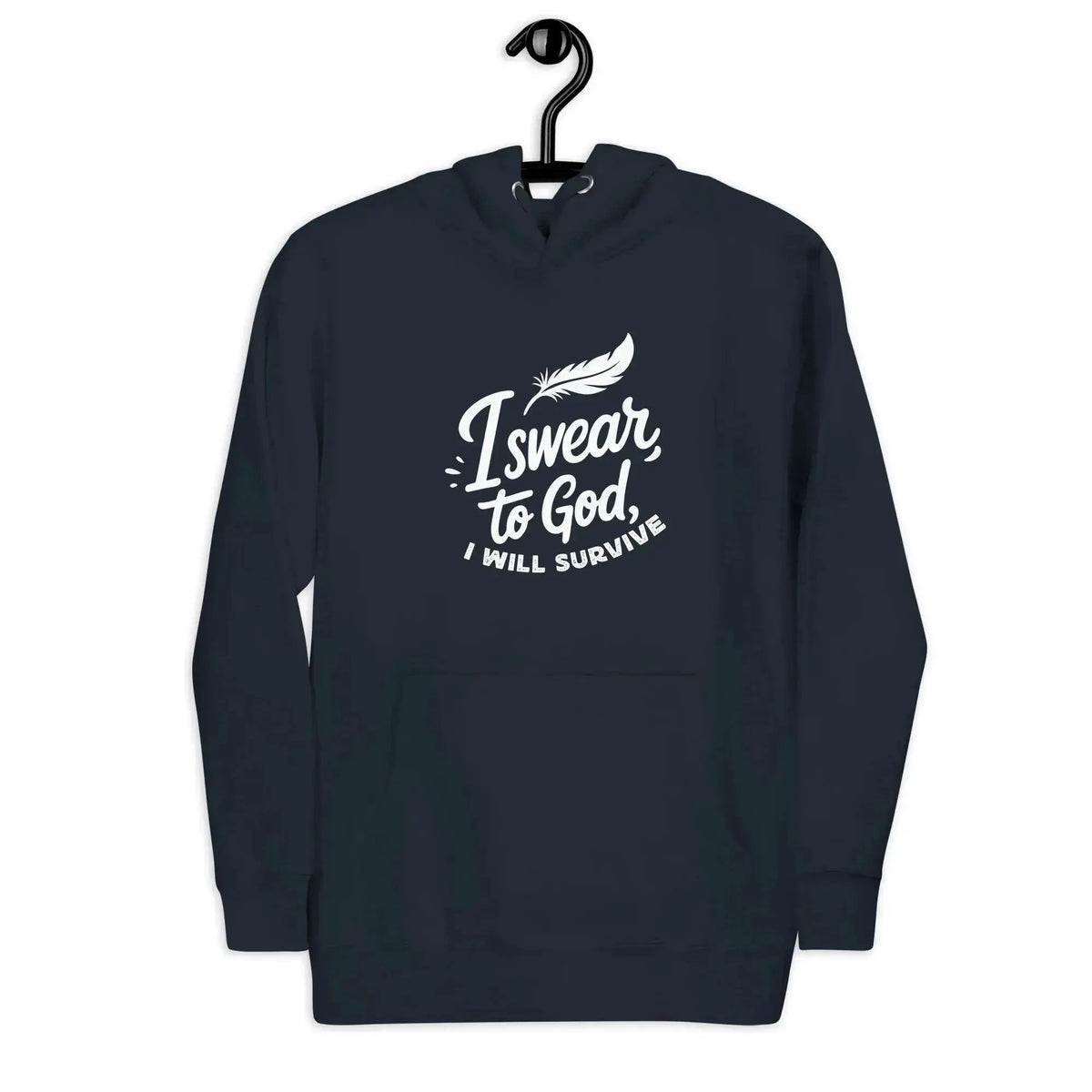 Navy unisex pullover hoodie with white front slogan graphic on chest