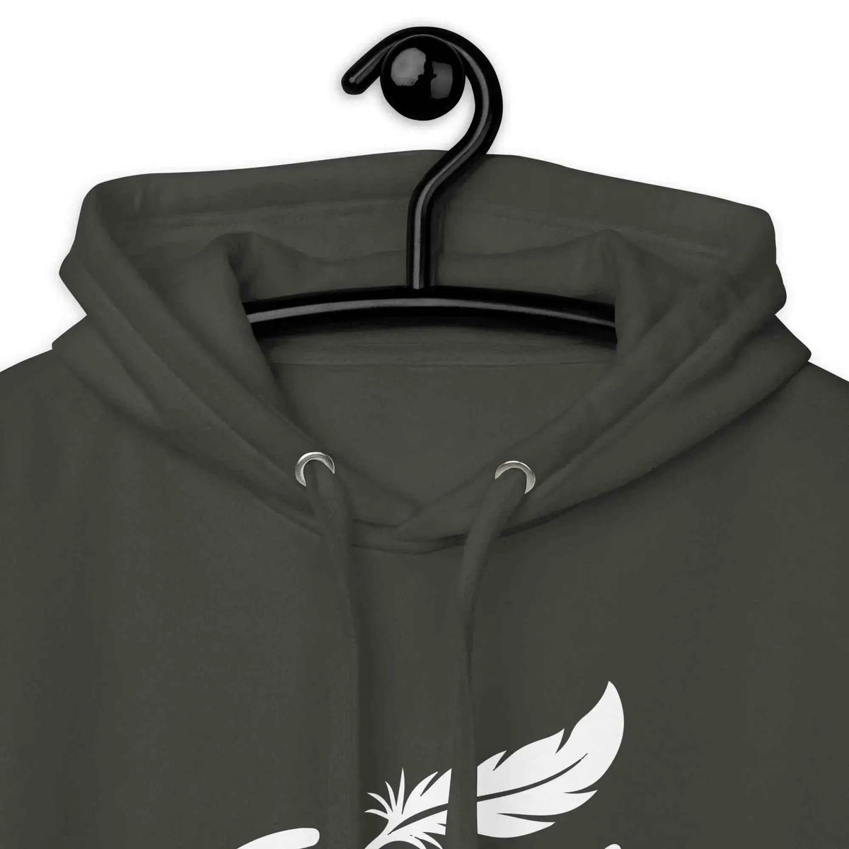 Charcoal gray unisex pullover hoodie close-up with white front logo and drawstring hood