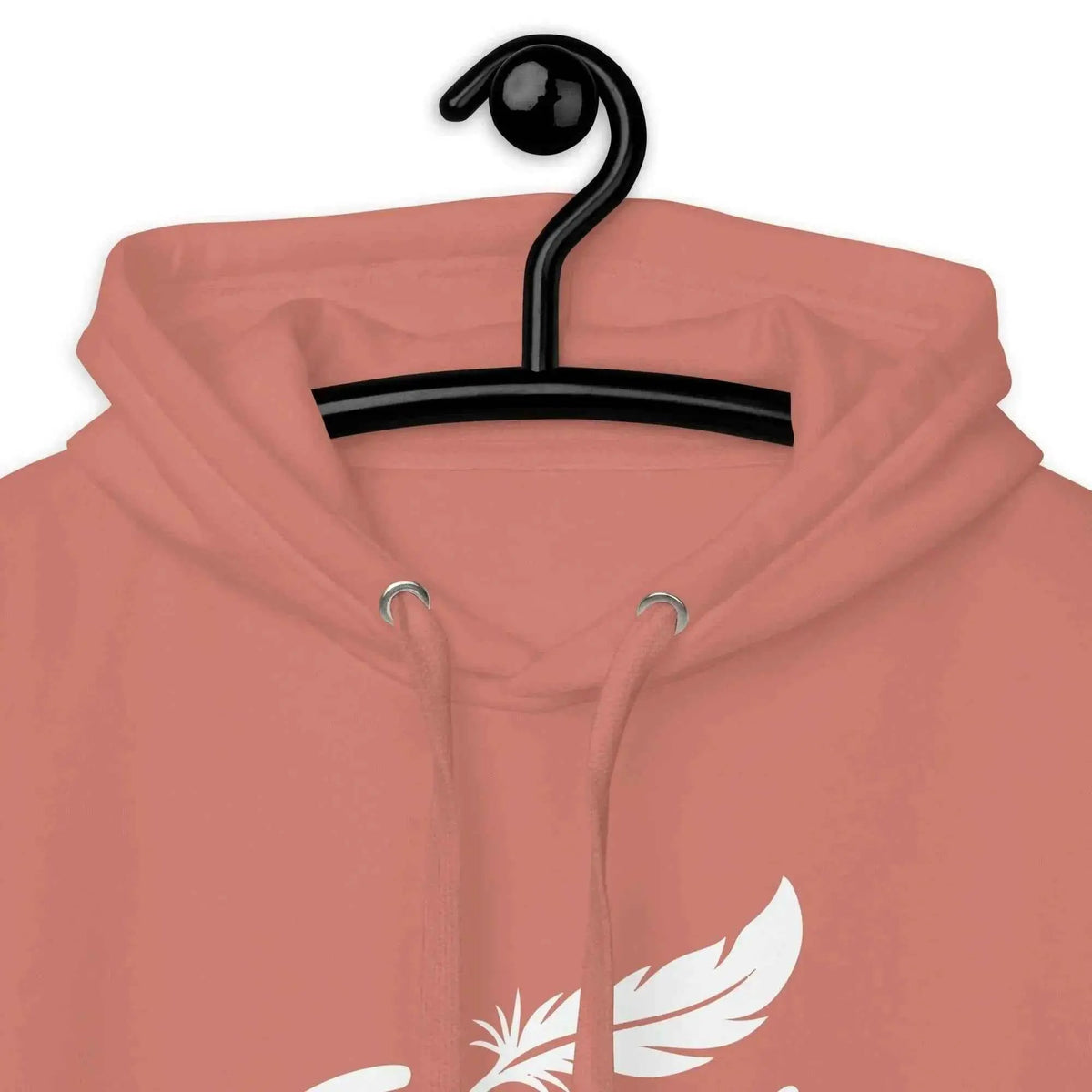 Dusty rose hoodie close-up on drawstring hood and white chest logo graphic