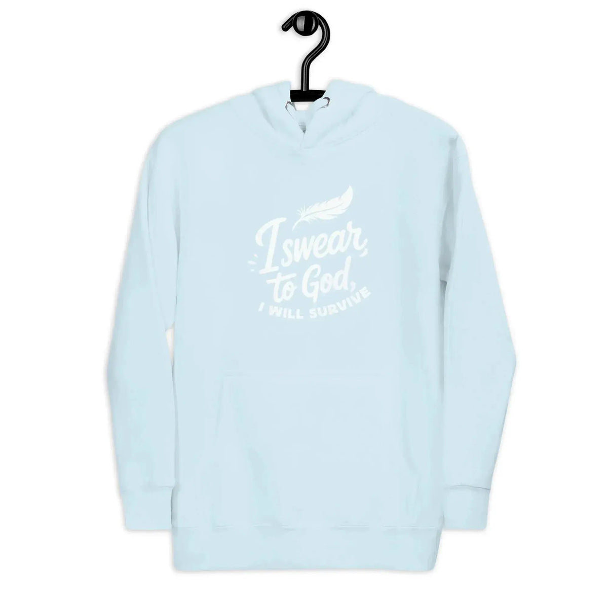 Unisex pullover hoodie in light blue with front hood and white chest graphic text