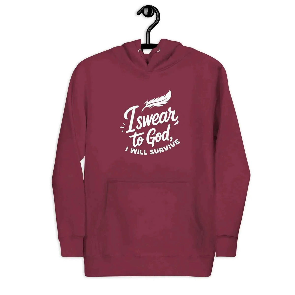 Burgundy unisex pullover hoodie with white front slogan graphic and hood pocket