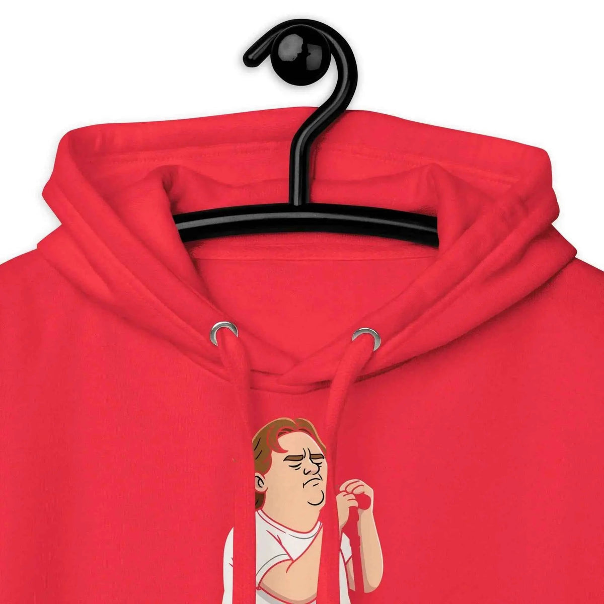 Red hoodie close-up: drawstring hood and illustrated portrait graphic