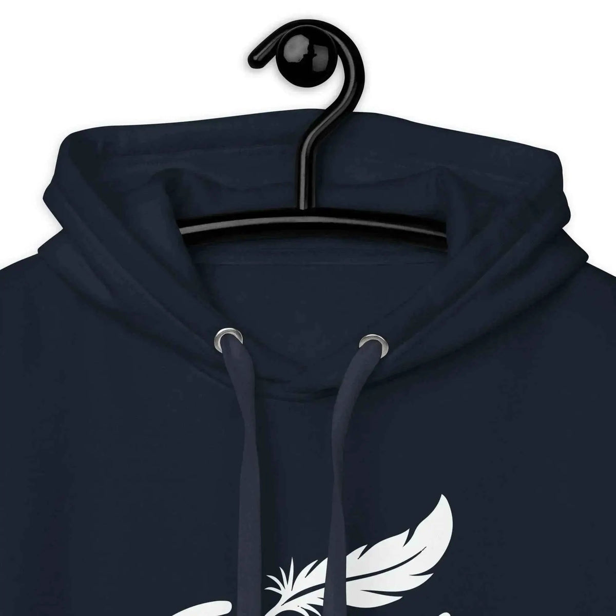 Navy hoodie close-up with hood drawstrings and white feather wing graphic