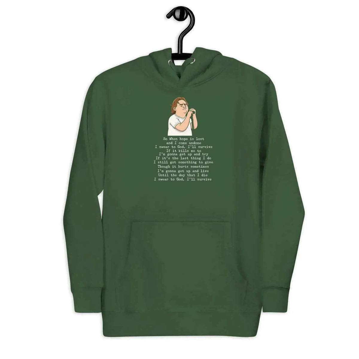 Forest green pullover hoodie with kangaroo pocket, drawstring hood, front graphic