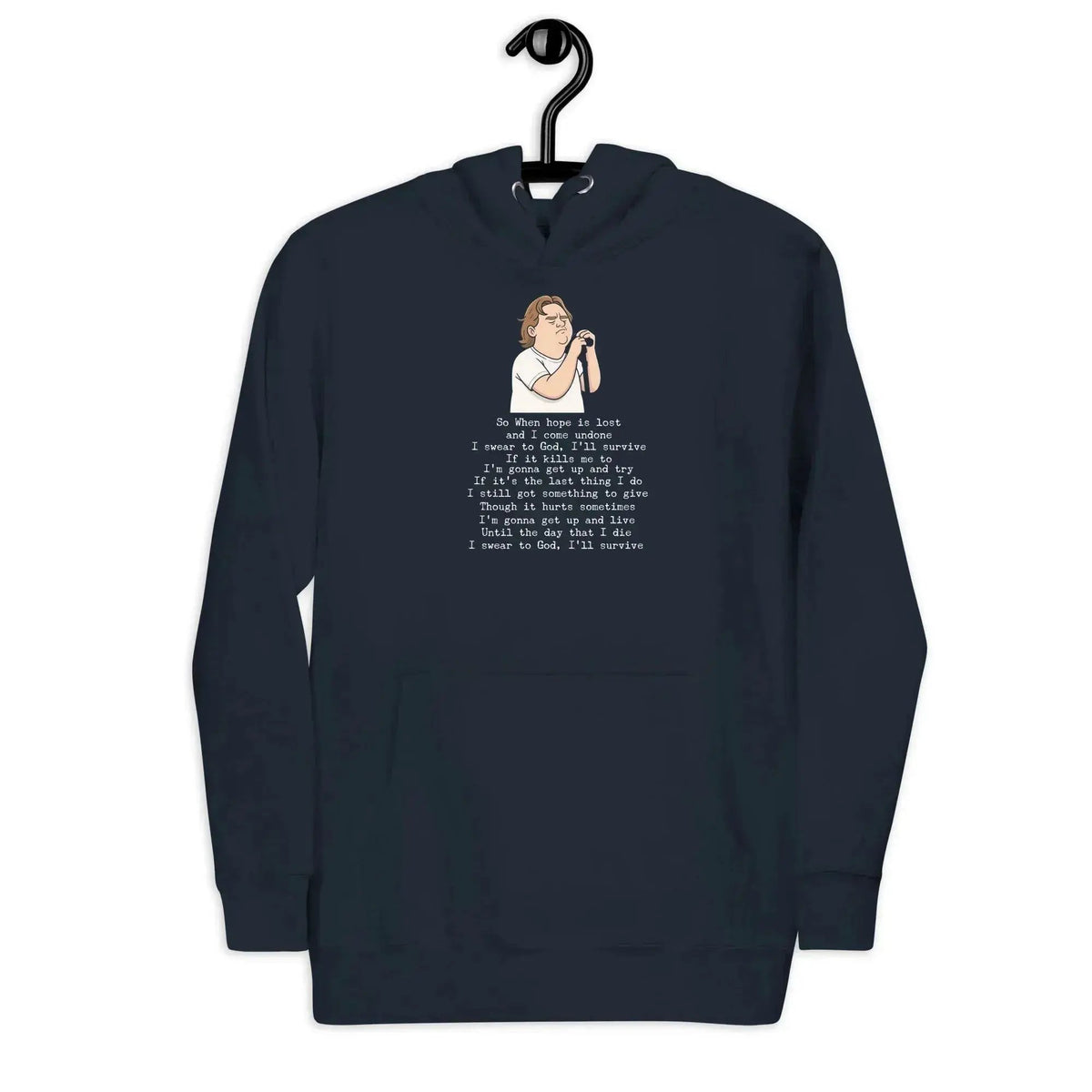 Navy unisex hoodie with hood and front pocket; illustrated lyrics graphic on chest